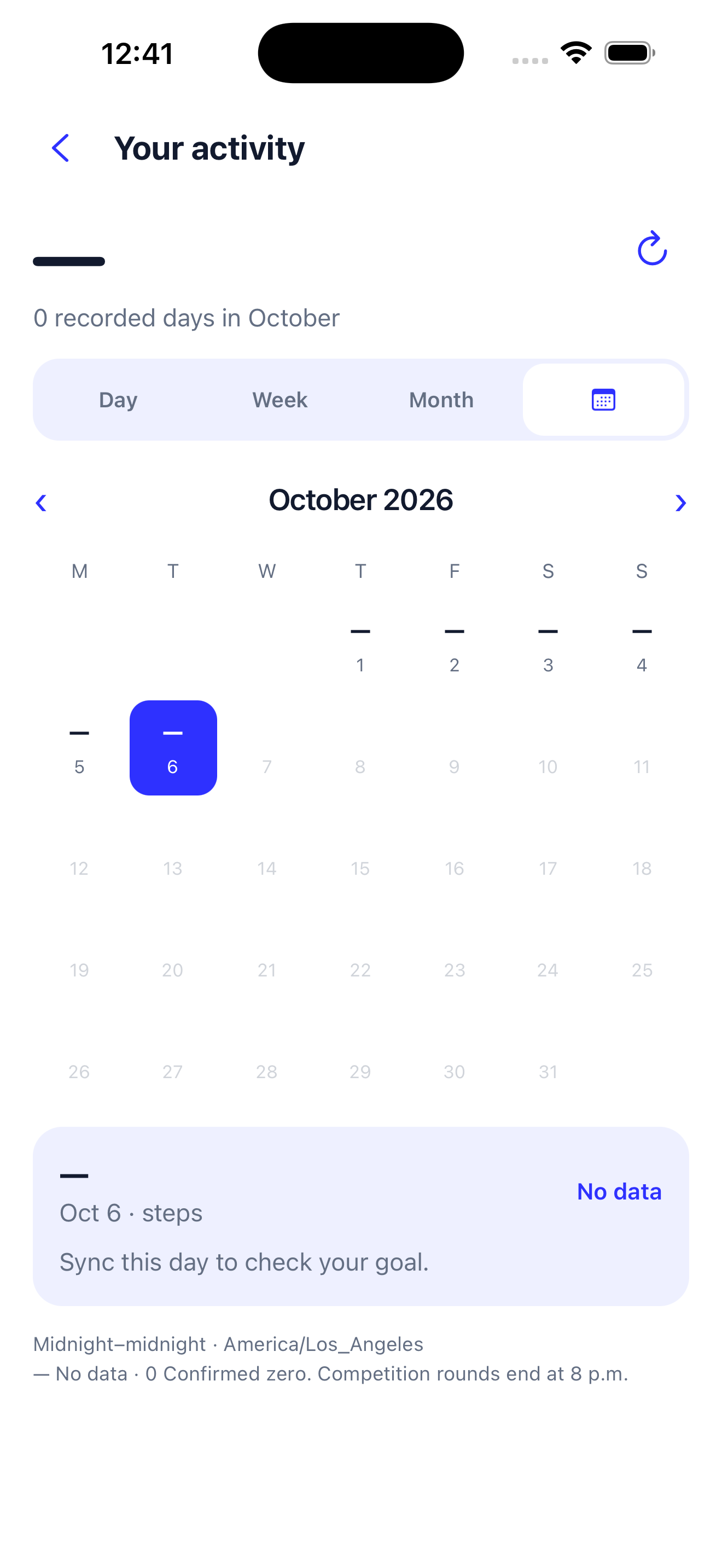 Outpace activity calendar with Day, Week, Month and calendar views, showing a no-data state separately from zero steps